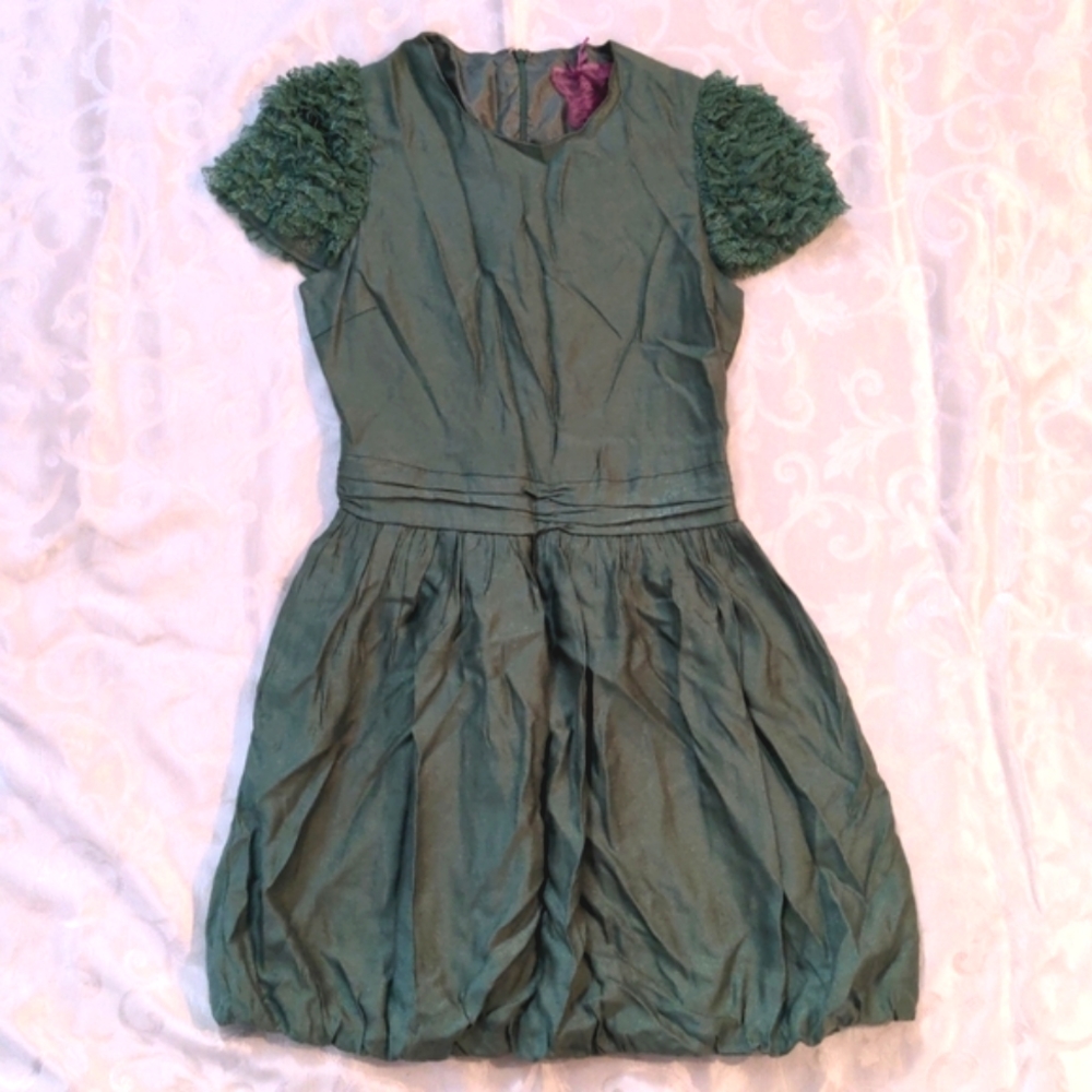 Forever 21 twelve by twelve forest green satin tulle puff sleeve bubble hem mini